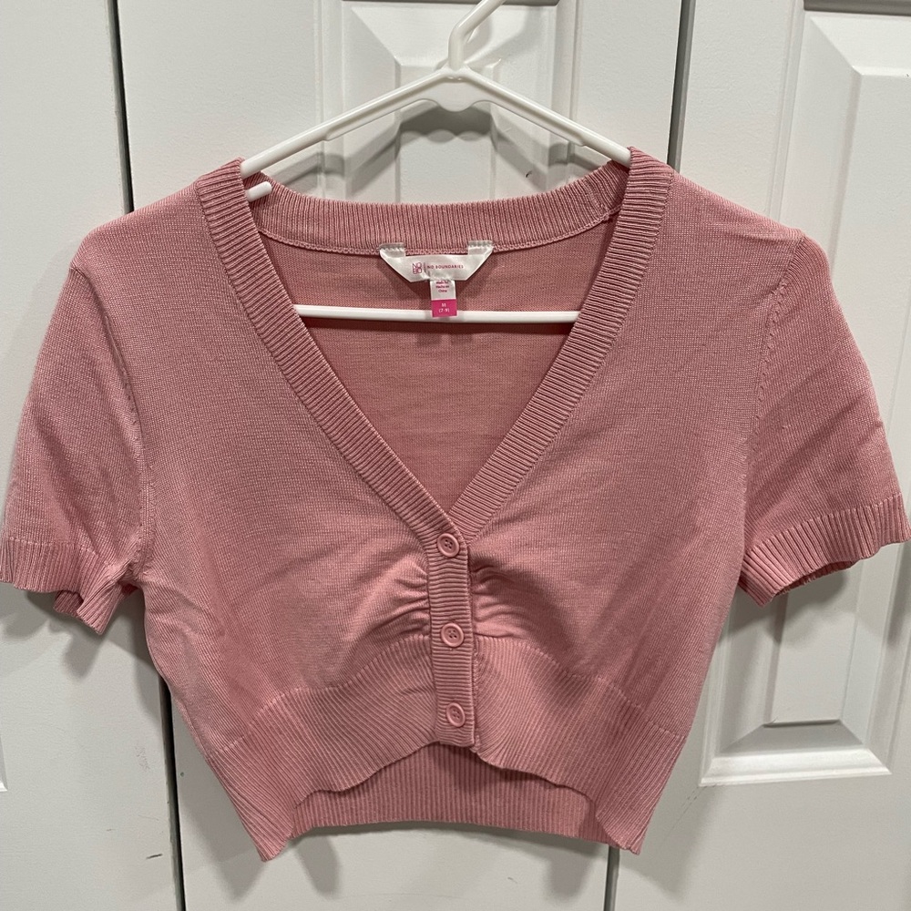 Pink Short Sleeve V-Neck Button-Up Top